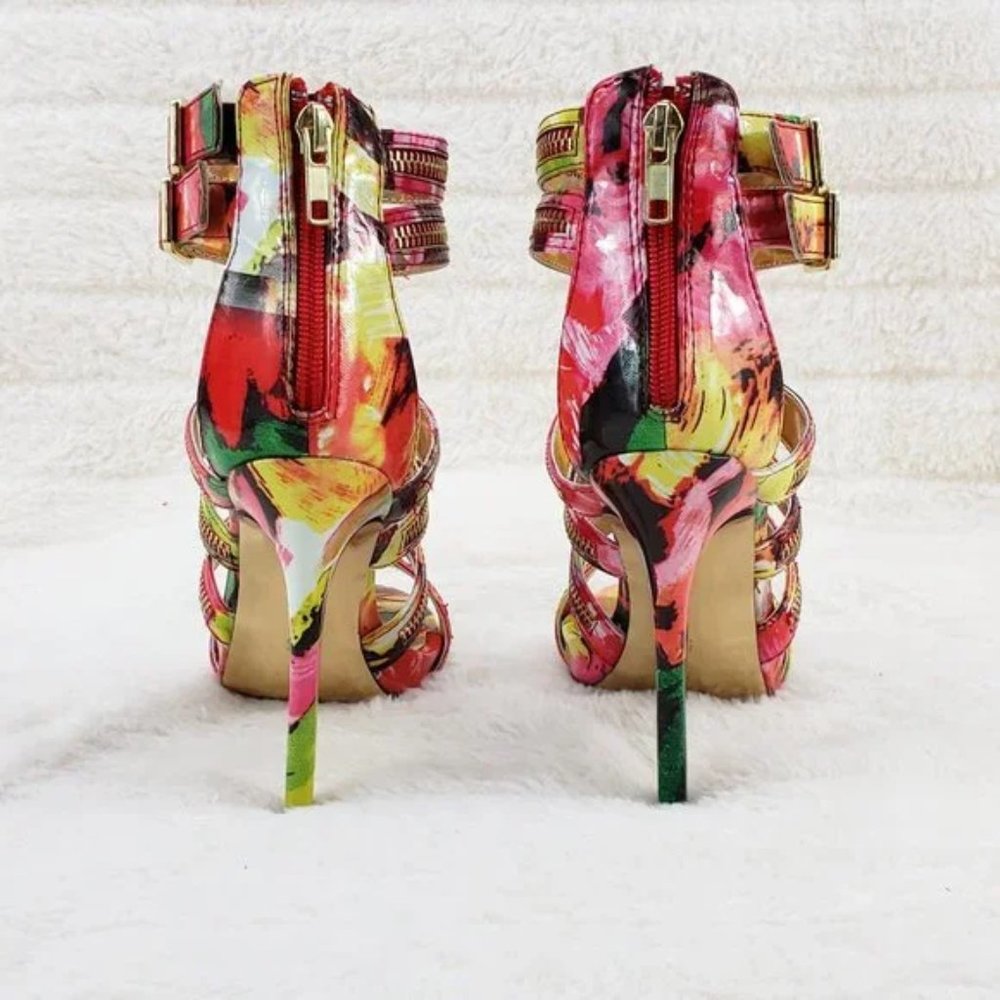 Luichiny Red Multi Tone It High Heel Cage Strap Mini Platform Spring Sandals - Picture 5 of 8